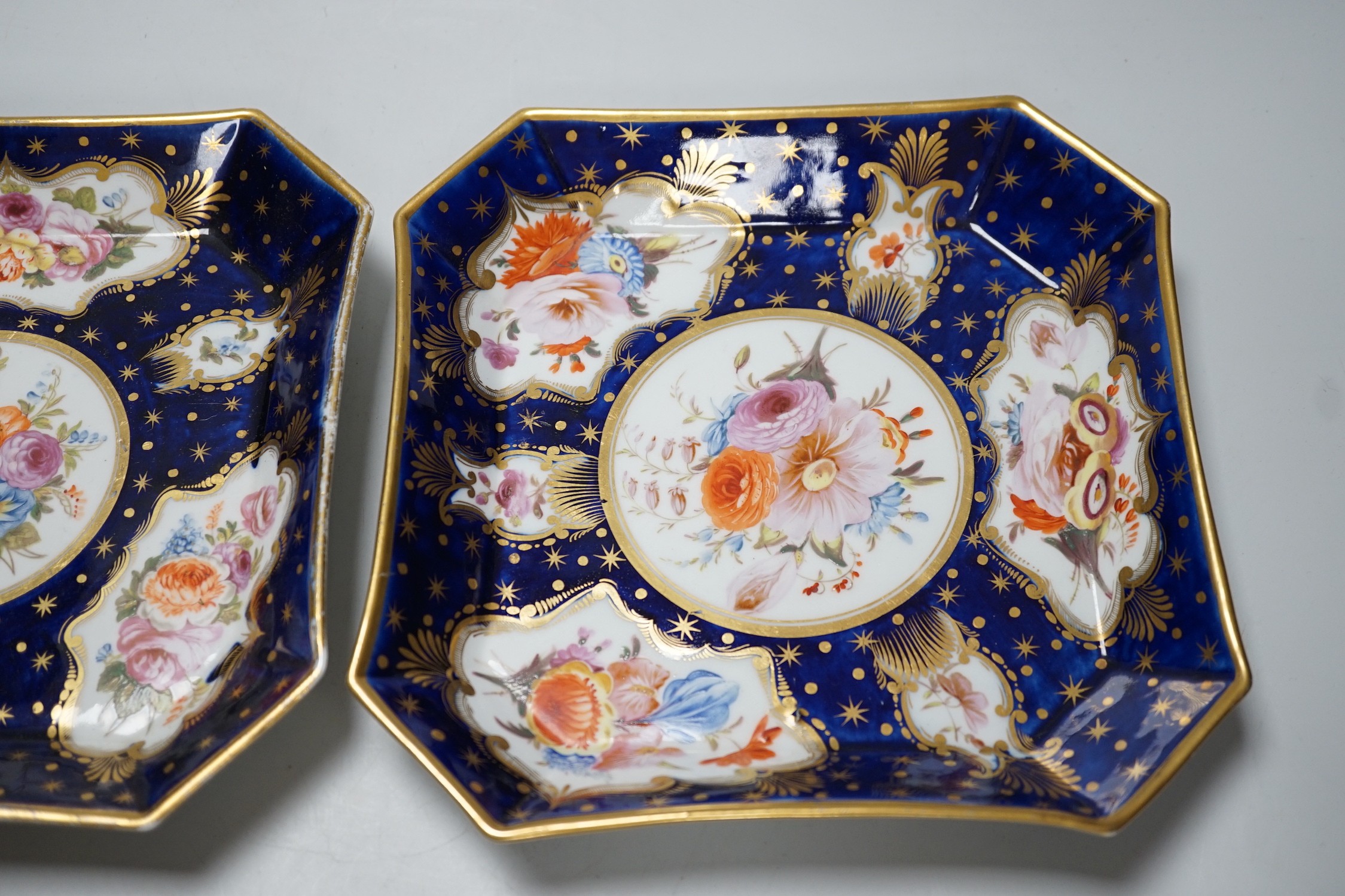 A pair of Coalport blue-ground dessert dishes, c.1815-20, with floral panelled decoration